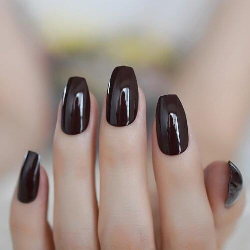 Coffee Dark Brown Fake Nails Ballerina Coffin Shape False Nail Tips UV Gel Flat Top Fake Nails Pure Color