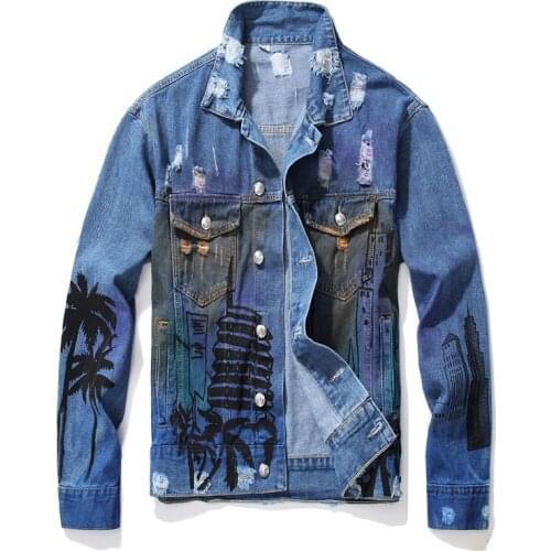 Fall Trend Printed Denim Jacket Mens Distressed Frayed Fashion Blue Long-sleeved Denim Top Cheap Male Denim Coat