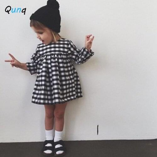 Qunq Baby Girls Dress 2021 New Long Sleeve Spring Kids Dresses for 1 2 3 4 Year Toddler Children Plaid O-neck School Clothes