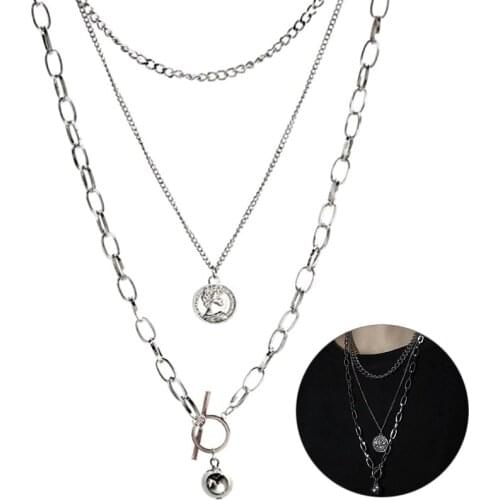 Metal Ball Coin Pendant Multi-layer Punk Casual Long Chain Necklace Jewelry Gift