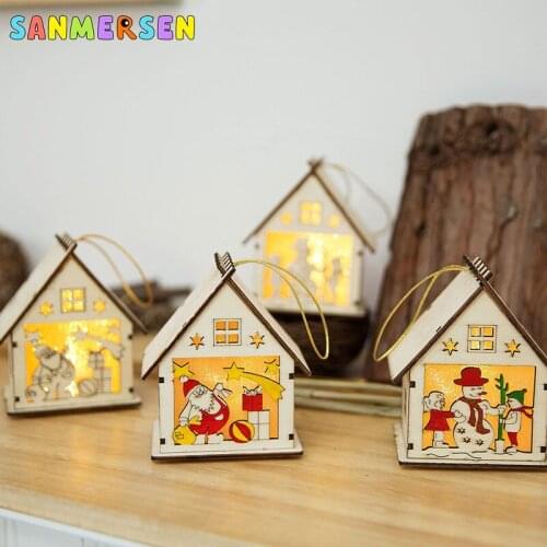 Festive Decorations Christmas Wooden Cabin Ornaments New Year LED Light Small House Christmas Tree Pendants Glowing Cottage