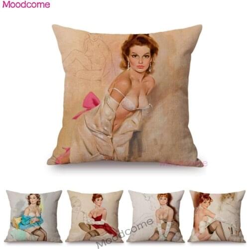 Sexy Pajamas Girl Beauty Hand Drawn Sketch Lady Tempting Charming Woman Cotton Linen Cushion Cover Car Pillow Sofa Pillow Cover