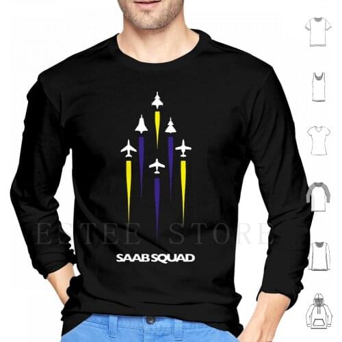 Saab Squad Hoodie Long Sleeve Saab Jet Fighter Hunter Lansen Tunnan 105 Sk60 Viggen Draken Gripen Sweden Blue Yellow
