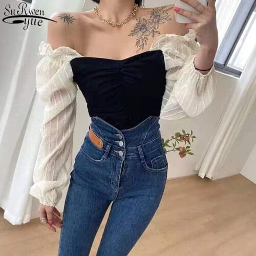 2021 Spring Sexy Womens Tops Pleated Hollow Out Long Sleeve Women Tops And Bloues Slash-neck Blouse Fashion Clothing 13502