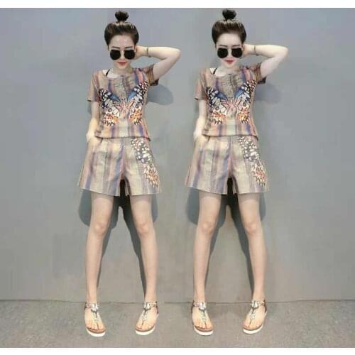 Two-piece womens clothing womens shorts ladies summer dress womens clothing retro printed sports suit summer casual loose