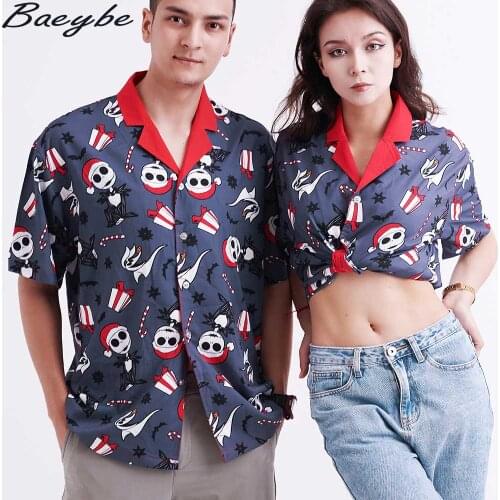 Ladys Cascual Shirt Official Original Collared Skull Pattern Oversize Print Top Unisex Couple Streetwear Male&Female Homewear