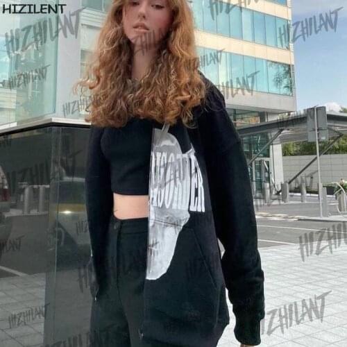 Vintage Skull Print Oversized Hoodies Female Zip Up Long Sleeve Womens Sweatshirt Y2K Aesthetic Autumn Winter Grunge clothing