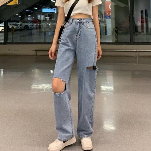 Women High Waist Casual Ripped Jeans New Arrival 2021 Summer Korean Style All-match Loose Ladies Denim Wide Leg Pants W447