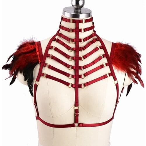 Neck Hollow Bra Feather Body Harness Belt Goth Rave Epaulettes Wings Body Cage Cosplay Suspender Lingerie Feather Cage Bra