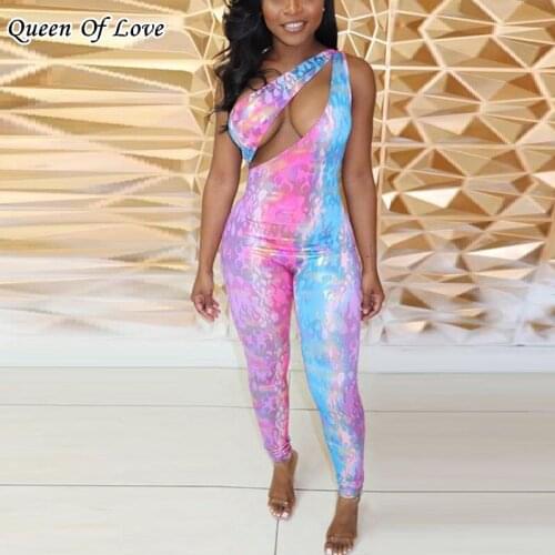 Colorful Print Hollow Cut out One Shoulder Rompers Womens Jumpsuit 2021 Summer Backless One Piece Sleeveless Outfit Matching Set