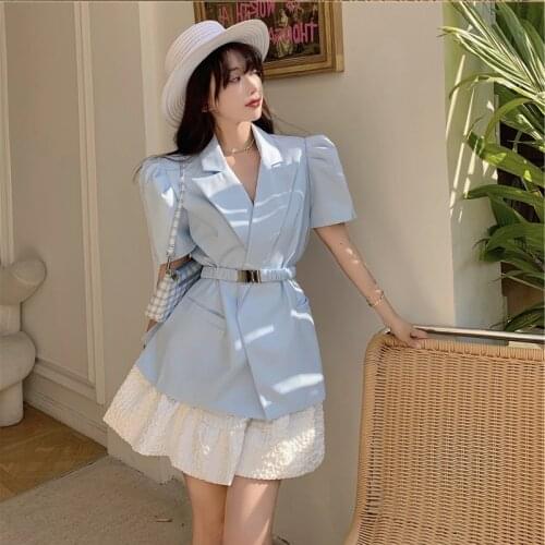 Fashion Two-Piece Suits 2021 Fall Women New Sweet Single-Breasted Stand Collar Slim Coat&Solid Draped Mesh Long A Line Skirt Out