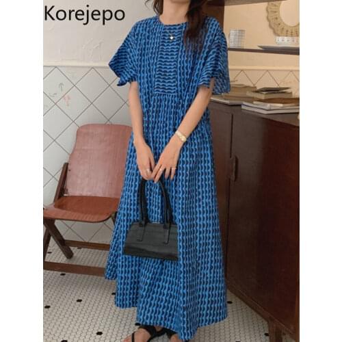 Korejepo Women Dress 2021 Summer Korean Chic Elegant Retro O-neck Wave Pattern Printing Loose Flying Sleeve Long Dresses Female