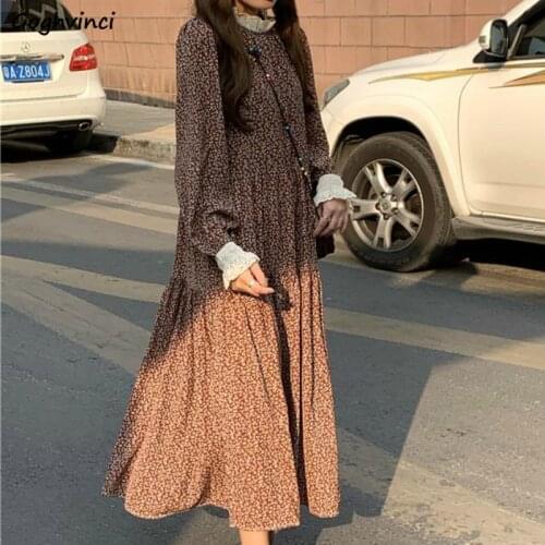 Long Sleeve Dress Women Pleated Patchwork Stand Collar Lace Ruffle Womens Sweet Elegant Basic Daily Streetwear All-match 3XL New