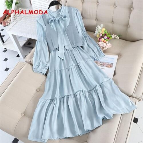 ALPHALMODA 2019 Retro Bow-knotted Lantern Sleeve Dress Autumn New Knitted Vest + Chiffon Dress Women 2pcs Sweet Set