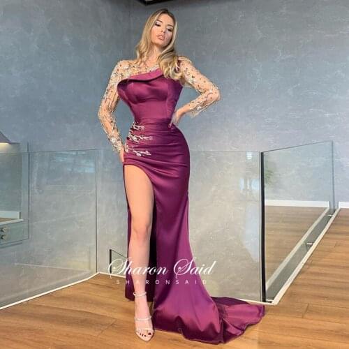 Arabic Fuchsia Mermaid Evening Dress Long Sleeve Luxury Dubai Crystal Slit African Prom Formal Dresses for Women Wedding Party