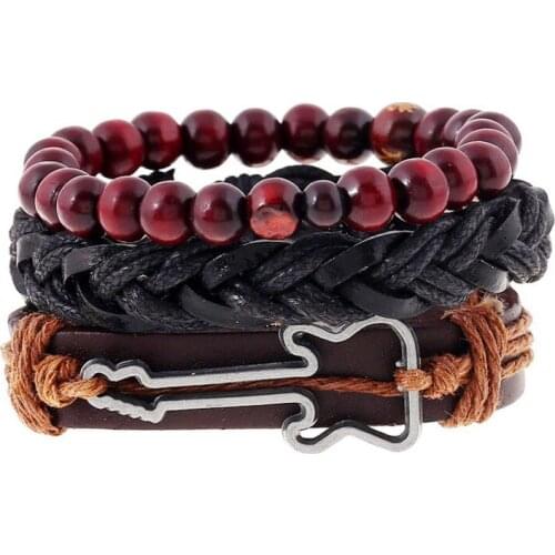 3pcs/set Vintage Boho Brown Leather guitar buddha Chinese word charm red Beads Layers stackable Bracelet Bangles Unisex Jewelry