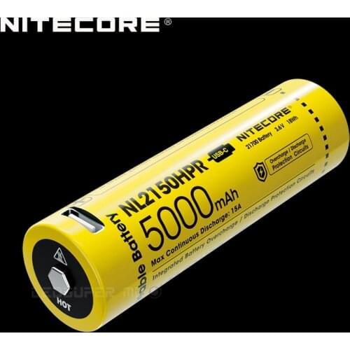 5000mAh 15A NITECORE NL2150HPR 21700 High Drain USB-C Rechargeable Li-ion Battery with Charging Port
