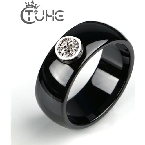 8mm Black Ceramic Womens Ring Fashion CZ Rhinestone Ceramic Rings Mens Big Crystal Wedding Female Christmas Jewelry 6-12 Size