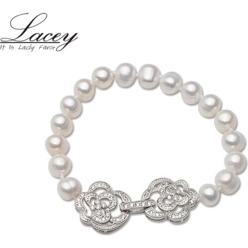 Natural Freshwater Pearl Bracelet Wedding For Women,Real Pearl Strand Bracelet Bride Present Fashion Flower Bracelet