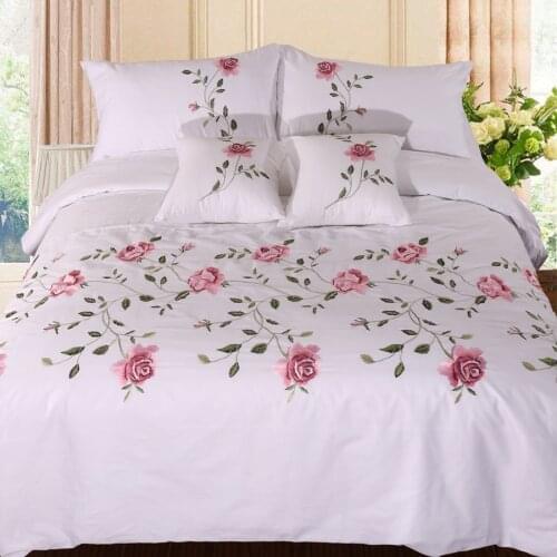 Cotton Soft Bedding set Bed linen Flowers Embroidery White Pink Grey Duvet Cover 220x240 Bed sheet Twin Full Queen King size