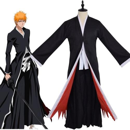 Anime Bleach Cosplay Kurosaki Ichigo Costume Black Cape Pants Japanese Kimono Uniform Set Carnival Halloween Party Suit With Wig