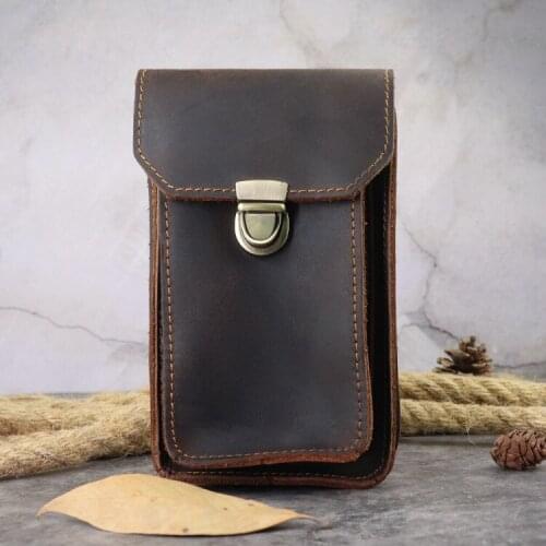 First Layer Cowhide Vintage Business Style Wear Belt Lock Waist Hanging Double Layer Cigarette Case Phone Bag men