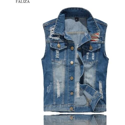 FALIZA New Men Hole Design Mens Denim Jeans Vest Vintage Jeans Sleeveless Jacket Men Frayed Blue Jeans Vest MJ-103