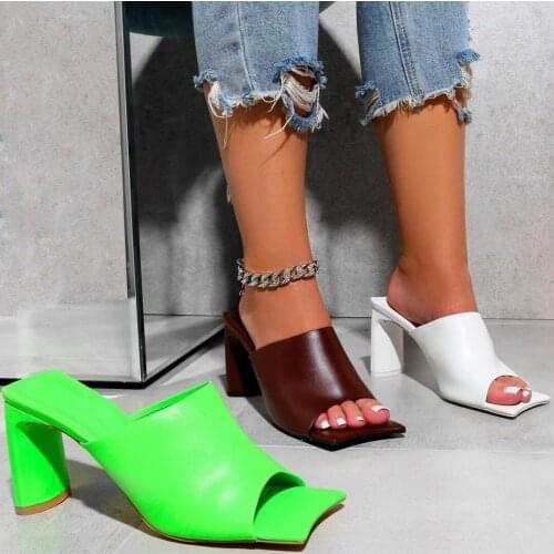 NAUSK 2021 Sexy Patent Leather PU SQUARE TOE MULES Summer Strange Style High Heel Fashion Slip On Slides Party Women Shoes 42
