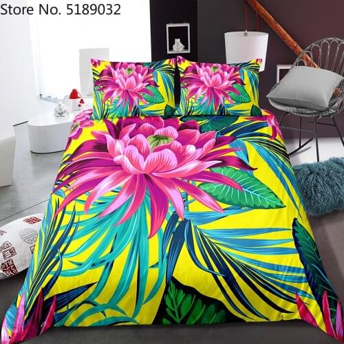 Lotus Bedding Set Tropical Plant Flower Leaf Microfiber Duvet Cover Single Double Bed Cover Set Girls Comforter Shell Pillow Set