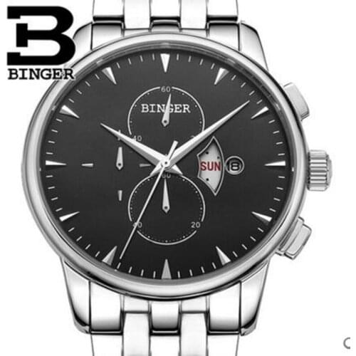 Genuine Luxury BINGER Brand Mens leather strap business fashion stainless steel sapphire watch male table waterproof calendar