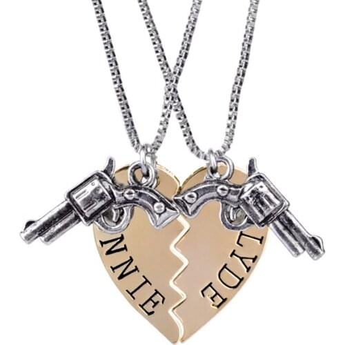 Best Friends Necklace Broken Heart BONNIE CLYDE Letter Necklace Gun Puzzle Stitching Necklace 2 Parts Pendant for Best Friends
