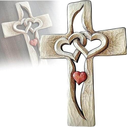 Carved Wooden Cross Intertwined Hearts Acrylic Love Cross Ornaments Decorative Stakes Figurines Creative Outdoor Garden Decor