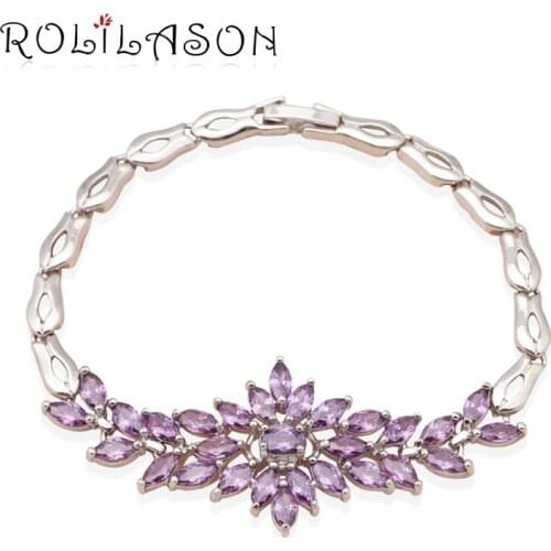 ROLILASON fancy design violet purple zircon Silver filled Overlay Link Chain Bracelets gift for women TB517