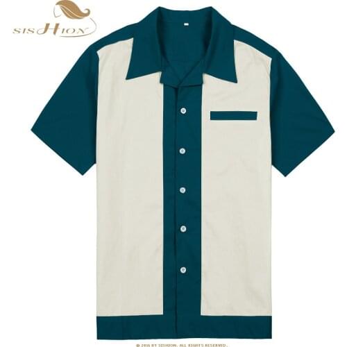 SISHION Men Casual Shirt ST111 Cotton Short Sleeve Grey Blue Green Vintage Rock Bowling Shirt 50s Male Clothing