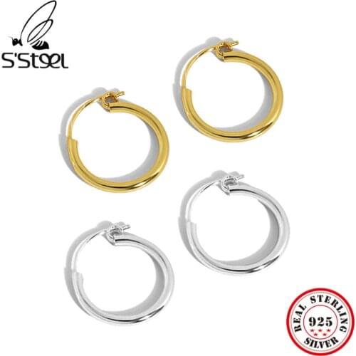 SSTEEL Sterling 925 Silver Minimalist Design Hoops Earrings Geometric Circle Gift For Women Gold Punk Accessories Jewellery