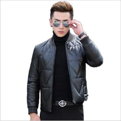 YR!Free shipping.winter warm sheepskin jacket.mens baseball style leather jackets,2019 90% white duck down genuine leather coat