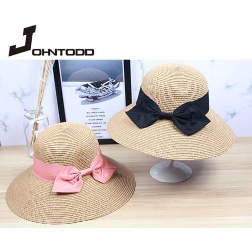 2021 New Spring Summer Woman Straw Plaited Bucket Black and Pink Bow Hat Beach Holiday Round Top Outdoor Sun Block Hat Cap