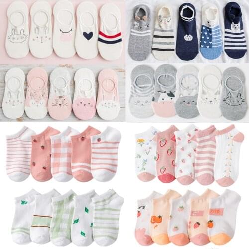 5 Pairs Cotton Womens Slipper Casual Funny Korea Cute Cat Fox Lovely Kawaii Cartoon Harajuku Boat Ankle Sock for Female Summer