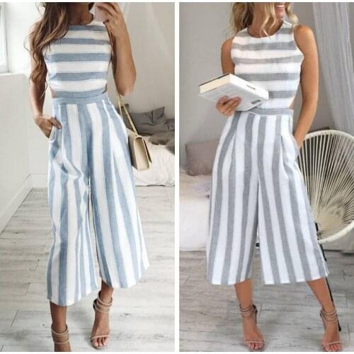 Womens Clubwear Playsuit Striped Loose Casual Party Jumpsuit & Romper Chiffon Long Trousers
