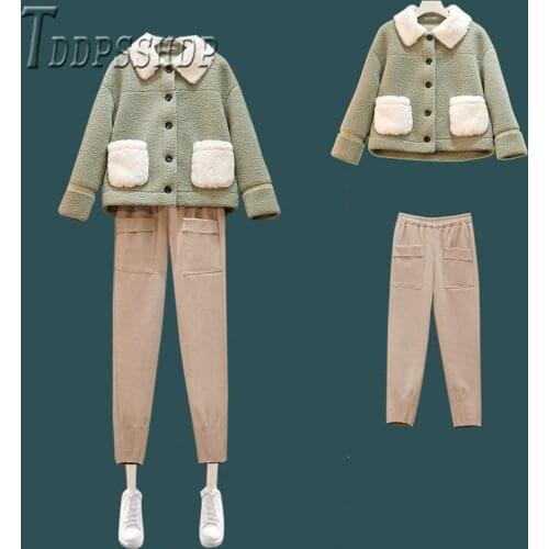 2019 Plus Size Winter Warm Women Sets Imitation Lambswool Coat And Woolen Pants Female Sets