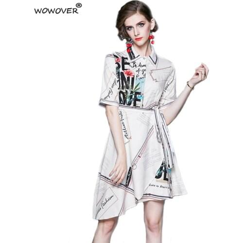 2021 New Runway Fashion Short Sleeve Letters Print Summer Asymmetrical Shirt Dress Women Lace Up Casual Robe Holiday Vestidos