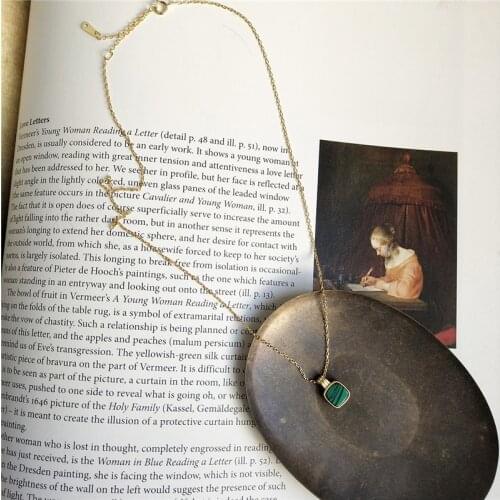 Fashion 925 Sterling Silver Green Square Malachite Stone Pendant Necklace For Women Lady Short Clavicle Necklace Jewelry Gift