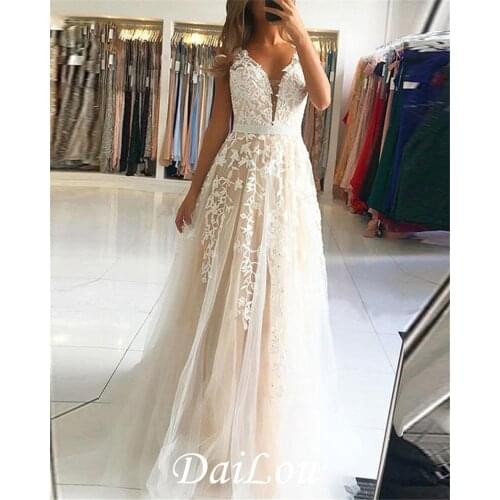 Beautiful A Line Tulle Sexy V neck Champagne/Ivory Lace Long Prom Dress with Beading Belt 2021