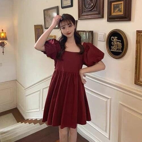 2021 New Dress Women Hot Selling Vintage Lovely Puff Sleeve Summer Chic High Waist Preppy Girls Dresses Trendy Solid Ins Vestido