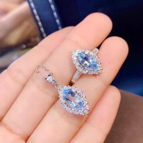 100% Real And Real Aquamarine Set 925 sterling silver,1pc Ring,1pc Pendant For the Party