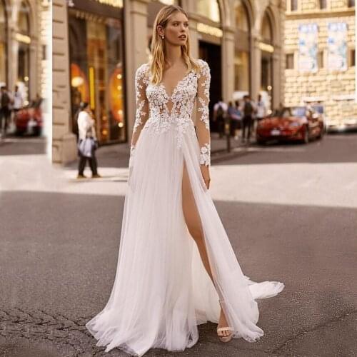 2020 Wedding Dresses V Neck Appliqued Long Sleeves Lace Bridal Gown Backless High Split Ruffle Sweep Train Robes De Mariée