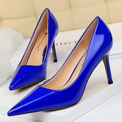 2021 Elegant Women Yellow Blue 8cm High Heels Pumps Patent Leather Female Scarpins Office Lady Tacons Pumps Prom Shoes Plus Size
