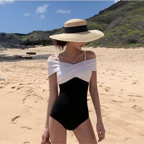 2021 Korean Style Patchwork One Piece Swimwear Women Padded Swimwear Solid Swimsuit Bathing Suit Sexy Lady Monokini Beachwear