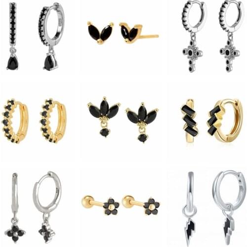 GS 925 Sterling Silver Black Cubic Zirconia Series Hoop Earrings With Crystal Moon Cross Charm For Women Party Huggie Earrings