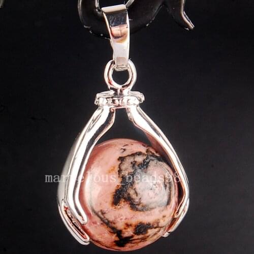 Free Shipping 28x50mm Fashion Jewelry Zinc Alloy Rhodonite Jaspe Hand Round Men Women Pendant Necklace 1pcs MC4103